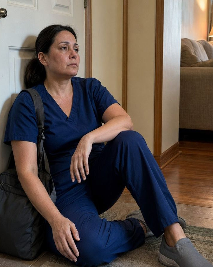 Healthcare worker taking off work shoes after a long shift