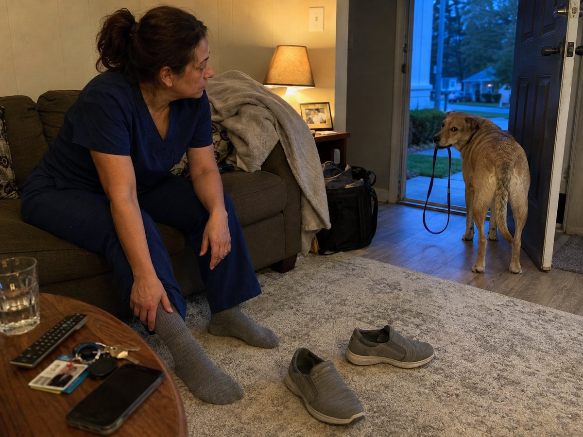 Healthcare worker taking off work shoes after a long shift