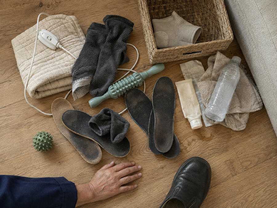 Common after-work foot comfort tools grouped together