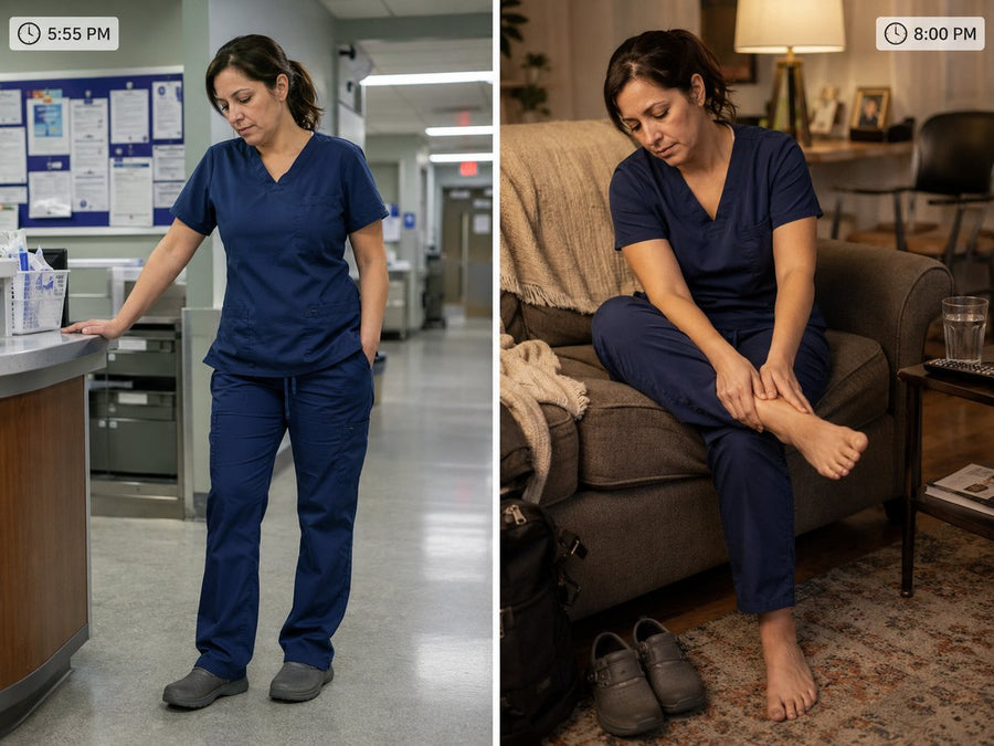 Healthcare worker seated with CalmStep after work