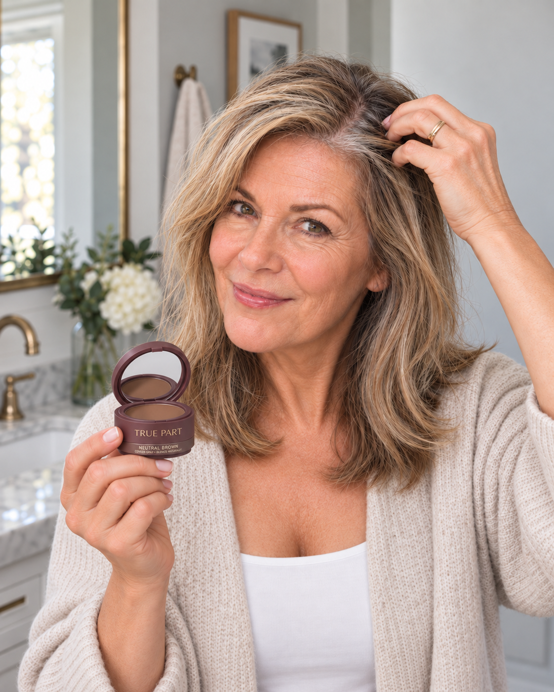 Mature woman checking her roots in a bathroom while holding the True Part compact